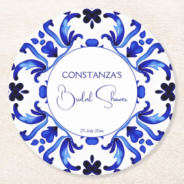 Talavera blue tiles Mexican bridal shower favors Round Paper Coaster (Front)