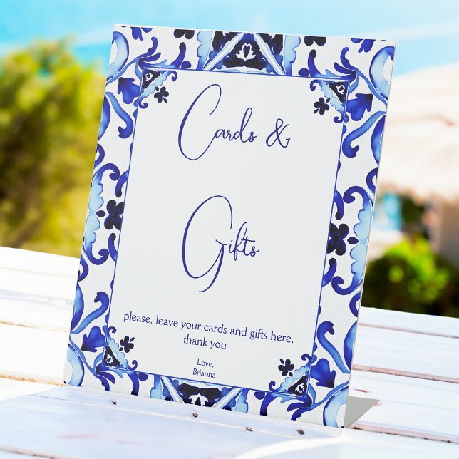 Talavera blue tiles Mexican bridal shower gifts Pedestal Sign (Talavera Azulejo Mediterranean vintage blue tiles Mexican bridal shower gifts Pedestal Table Sign)