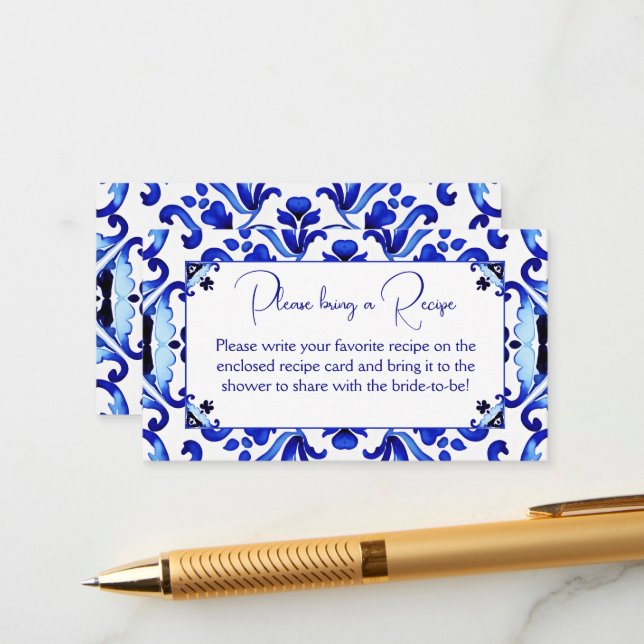 Talavera blue tiles Mexican bridal shower recipe Enclosure Card (Front/Back In Situ)