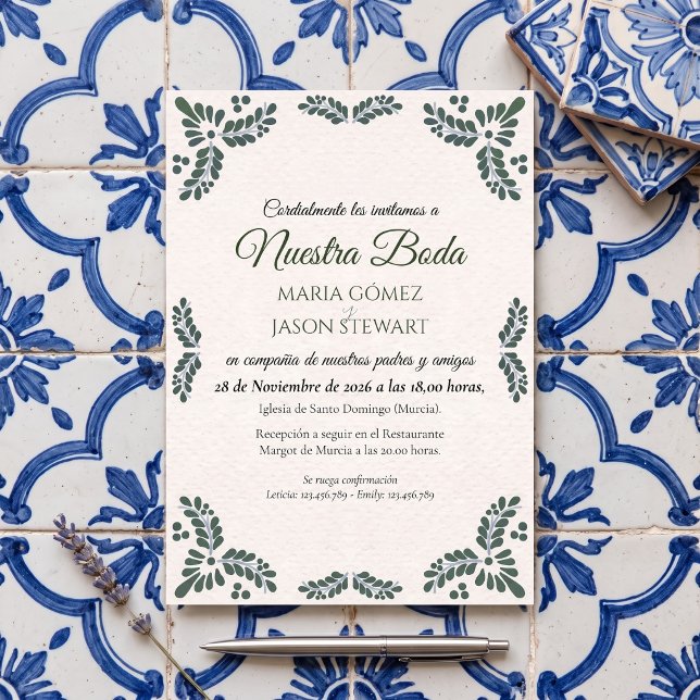 Talavera Green Floral Minimalist Spanish Wedding Invitation (Talavera Green Floral Minimalist Spanish Wedding Invitation)