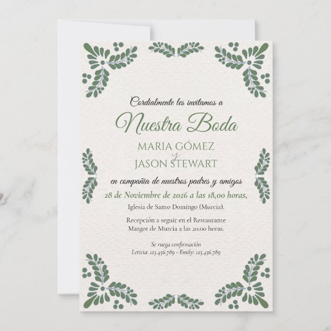 Talavera Green Floral Minimalist Spanish Wedding Invitation (Front)