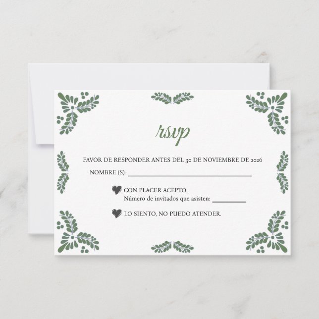 Talavera Green Floral Minimalist Spanish Wedding RSVP Card (Front)