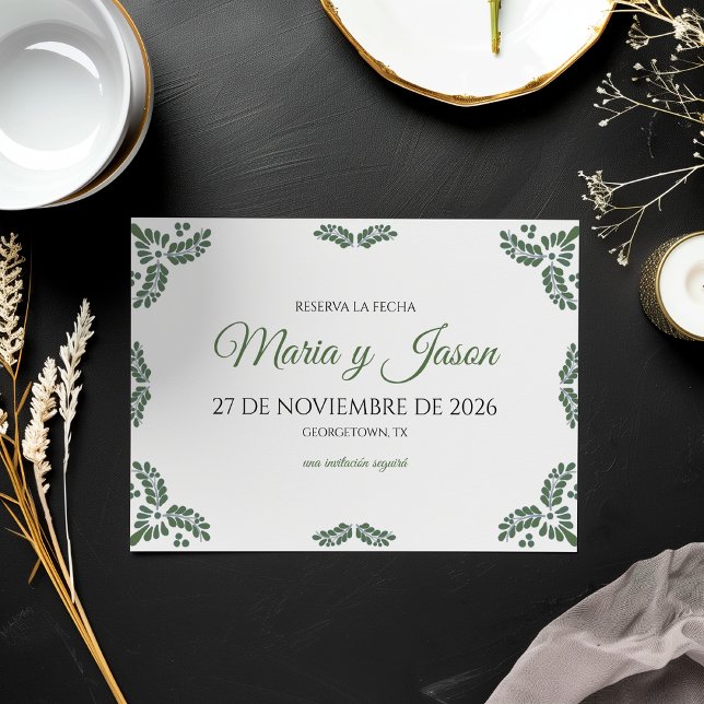 Talavera Green Floral Minimalist Spanish Wedding Save The Date (Talavera Green Floral Minimalist Spanish Wedding Save The Date)