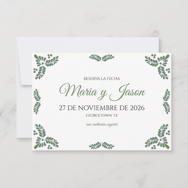 Talavera Green Floral Minimalist Spanish Wedding Save The Date (Front)