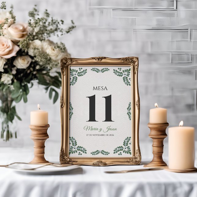Talavera Green Floral Minimalist Spanish Wedding Table Number (Talavera Green Floral Minimalist Spanish Wedding Table Number)