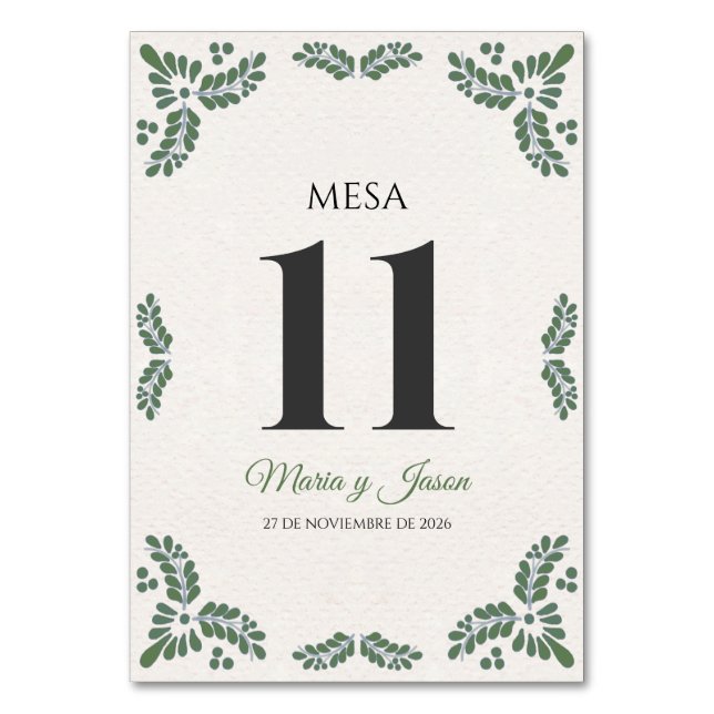 Talavera Green Floral Minimalist Spanish Wedding Table Number (Front)