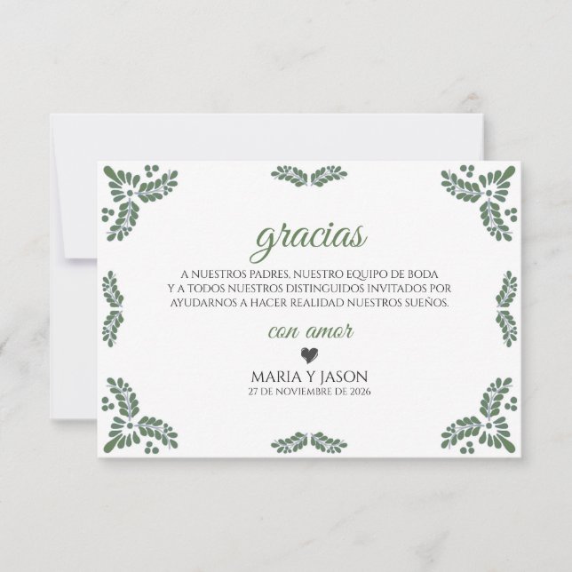 Talavera Green Floral Minimalist Spanish Wedding Thank You Card (Front)