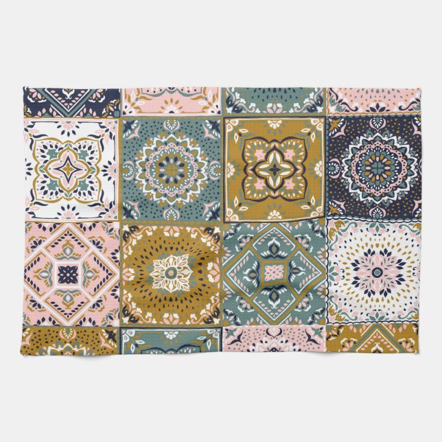 Talavera Indian: Patchwork, Ethnic Mosaic. Kitchen Towel (Horizontal)