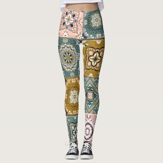 Talavera Indian: Patchwork, Ethnic Mosaic. Leggings (Front)