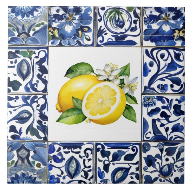 Talavera Lemons Dark Blue and White Mediterranean Ceramic Tile (Front)