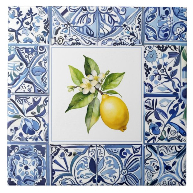 Talavera Lemons Light Blue and White Mediterranean Ceramic Tile (Front)