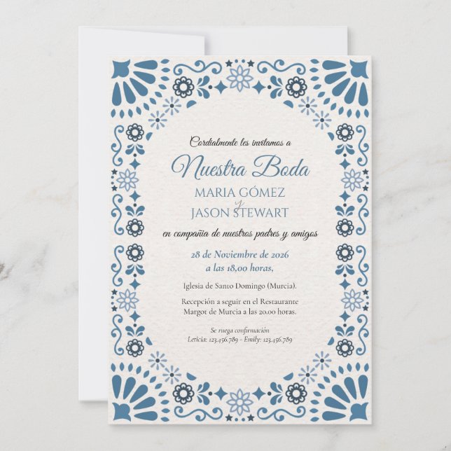 Talavera Majolica Blue Floral Boda Spanish Wedding Invitation (Front)