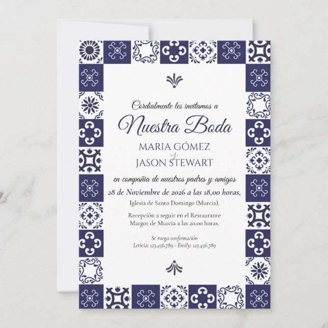 Talavera Majolica Navy Blue White Spanish Wedding Invitation (Front)