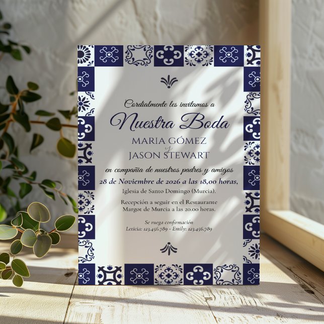 Talavera Majolica Navy Blue White Spanish Wedding Invitation (Talavera Majolica Navy Blue White Spanish Wedding Invitation)