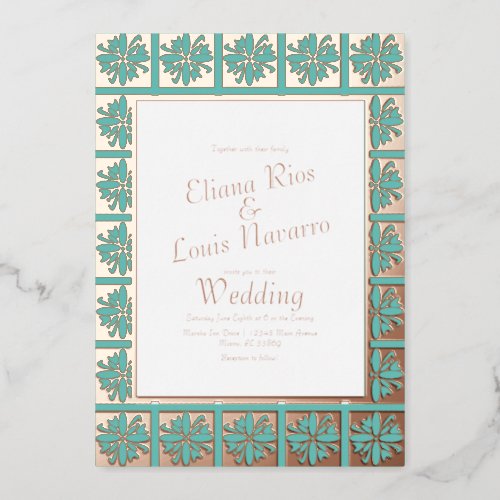 Talavera  Mexican Spanish Teal Wedding Pressed   Foil Invitation