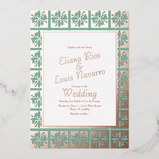 Talavera  Mexican Spanish Teal Wedding Pressed   Foil Invitation (Front)