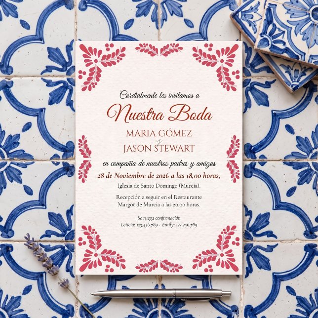Talavera Orange Floral Minimalist Spanish Wedding Invitation (Talavera Orange Floral Minimalist Spanish Wedding Invitation)