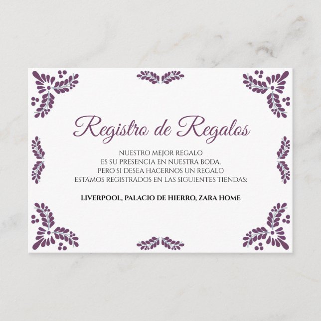 Talavera Purple Floral Minimalist Spanish Wedding Enclosure Card (Front)