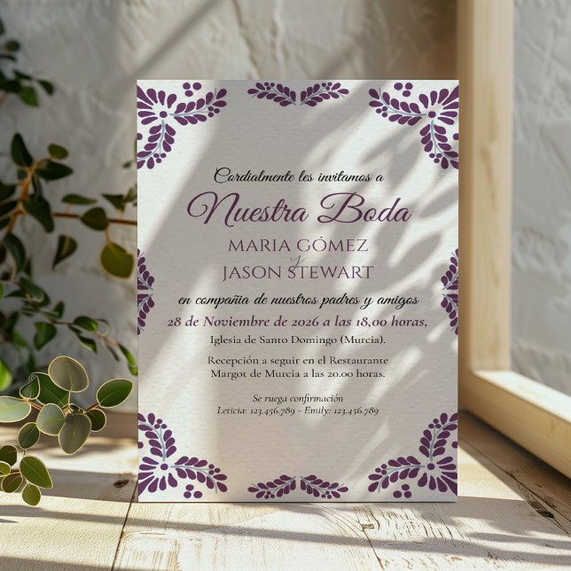 Talavera Purple Floral Minimalist Spanish Wedding Invitation (Talavera Purple Floral Minimalist Spanish Wedding Invitation)