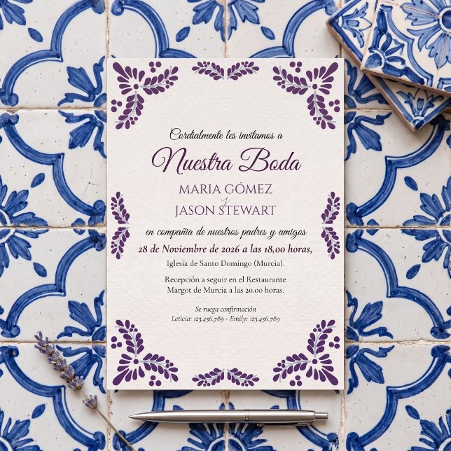 Talavera Purple Floral Minimalist Spanish Wedding Invitation (Talavera Purple Floral Minimalist Spanish Wedding Invitation)