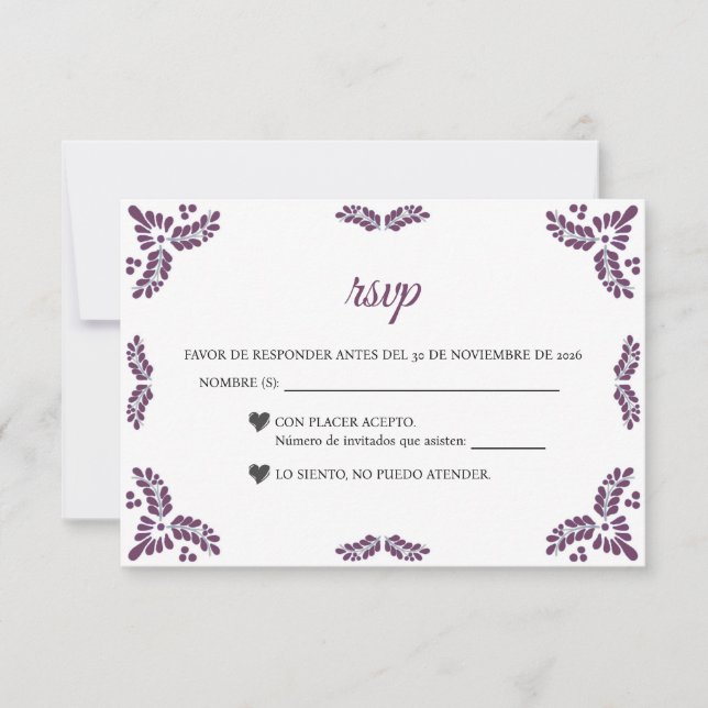 Talavera Purple Floral Minimalist Spanish Wedding RSVP Card (Front)