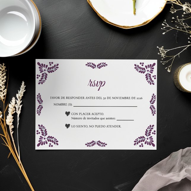 Talavera Purple Floral Minimalist Spanish Wedding RSVP Card (Talavera Purple Floral Minimalist Spanish Wedding RSVP Card)