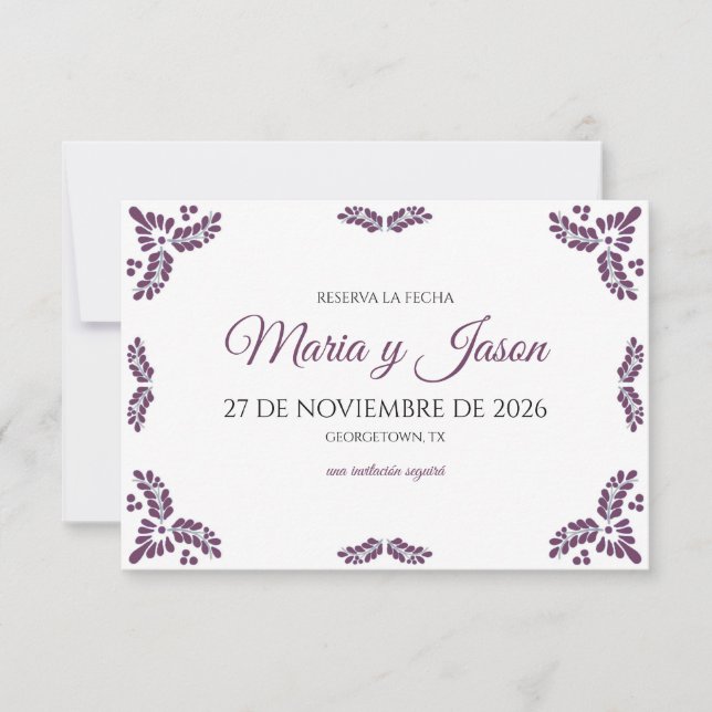 Talavera Purple Floral Minimalist Spanish Wedding Save The Date (Front)