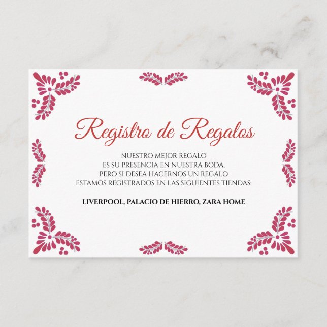 Talavera Red Floral Minimalist Spanish Wedding Enclosure Card (Front)