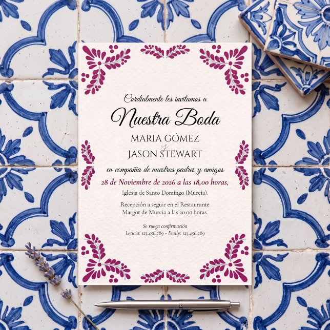Talavera Red Floral Minimalist Spanish Wedding Invitation (Talavera Red Floral Minimalist Spanish Wedding Invitation)