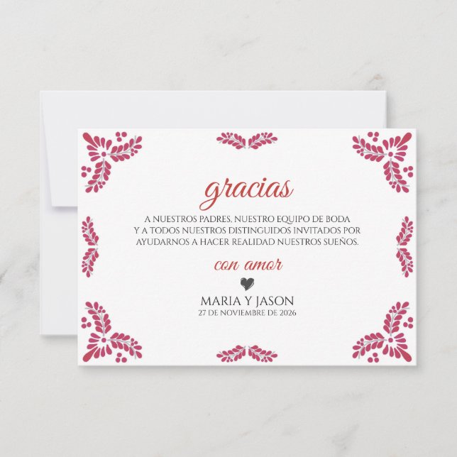 Talavera Red Floral Minimalist Spanish Wedding Thank You Card (Front)