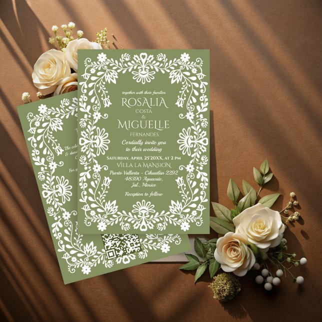 Talavera sage green Mexican wedding Invitation (Talavera folk art sage green vintage Mexican wedding Invitation cards with RSVP template)