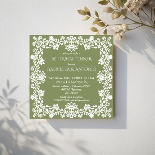 Talavera sage green Mexican wedding rehearsal dinn Invitation