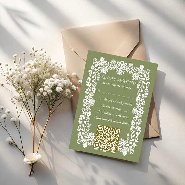 Talavera sage green Mexican wedding RSVP Card (Talavera sage green Mexican wedding QR RSVP Cards)