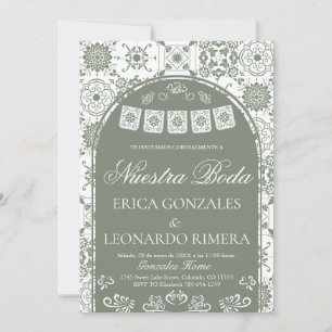 Talavera Sage Green Papel Picado Spanish Wedding Invitation