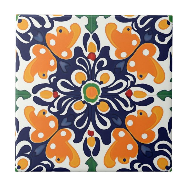 Talavera Seamless Blue Orange Mexican Spanish Ceramic Tile (Front)