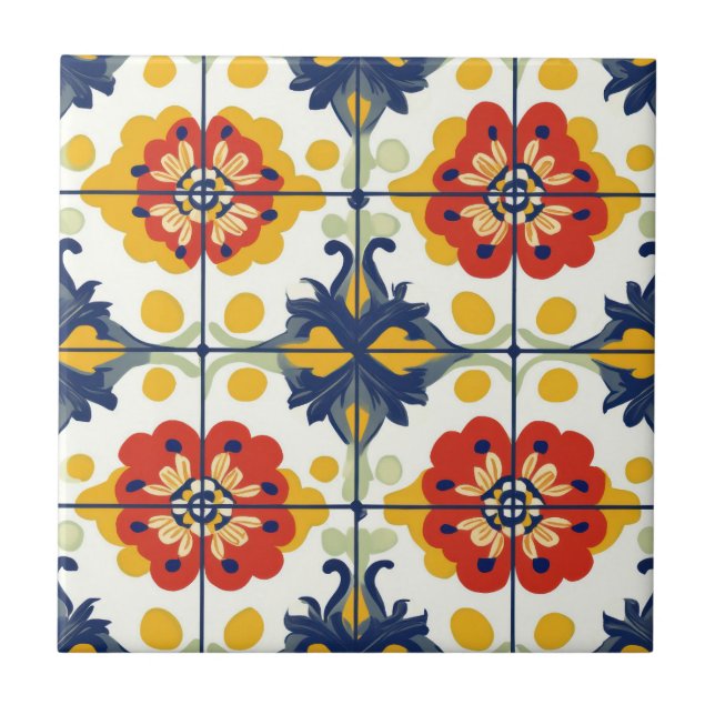 Talavera Seamless Blue Red Yellow Mexican Spanish Ceramic Tile (Front)