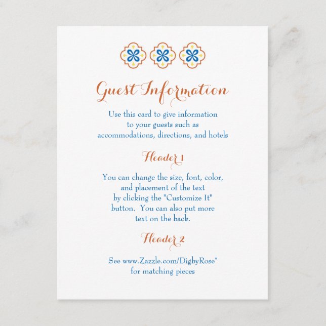 Talavera Spanish Tile Information Card (Front)