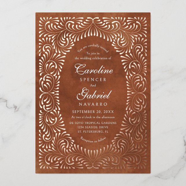 Talavera Terracotta Mexican Wedding Foil Invitation (Front)