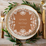 Talavera terracotta Mexican wedding monogrammed Paper Plates<br><div class="desc">Terracotta vintage Mexican talavera boho  wedding monogrammed paper plates template personalized wedding paper plates,  terracotta brown and white Talavera folk art wedding paper plates personalized Mexican wedding table decor</div>