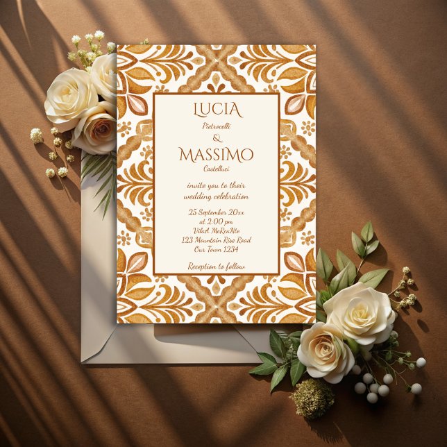 Talavera terracotta vintage Mexican wedding Invitation (Terracotta vintage Mexican Talavera wedding Invitations with RSVP template instant download marron)