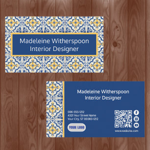 Talavera Tile Business Card Blue Yellow QR Code