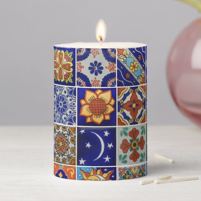 Talavera Tile Image Pretty Centerpiece Pillar Candle (In Situ)