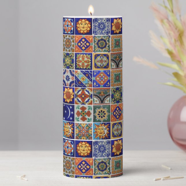 Talavera Tile Image Pretty Centerpiece  Pillar Candle (In Situ)