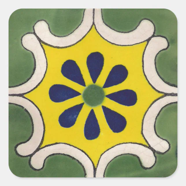 Talavera tile in green & yellow square sticker | Zazzle