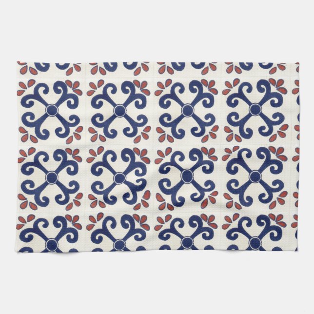 Talavera tile Kitchen towel in blue & white (Horizontal)