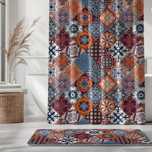 Talavera Tles Orange Sky Navy Blue Burgundy Red Shower Curtain