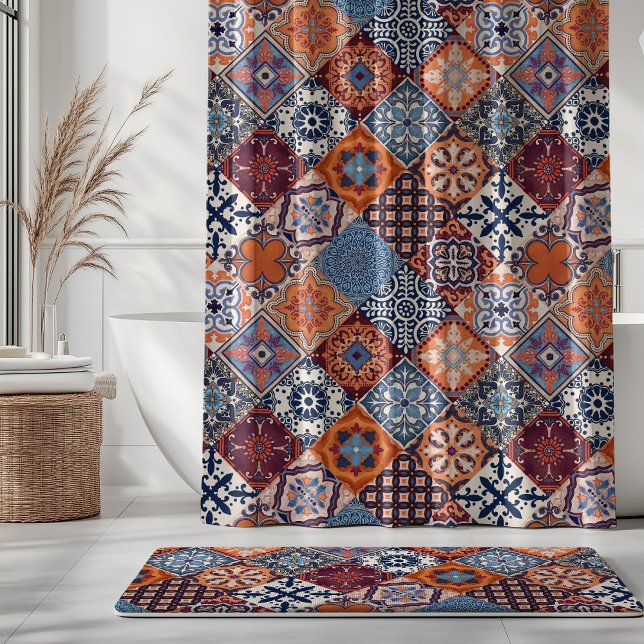 Talavera Tles Orange Sky Navy Blue Burgundy Red  Shower Curtain (Creator Uploaded)