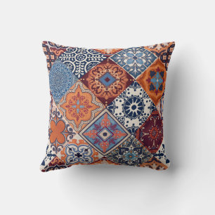 Talavera Tles Orange Sky Navy Blue Burgundy Red Throw Pillow