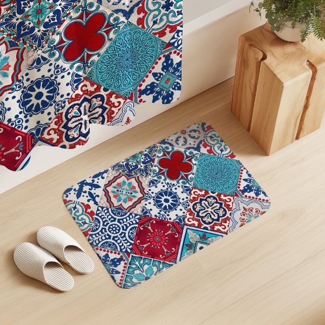 Talavera Tles Turquoise Denim Blue Red White  Bath Mat (Creator Uploaded)