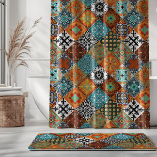 Talavera Tles Turquoise Teal Orange Black White  Shower Curtain